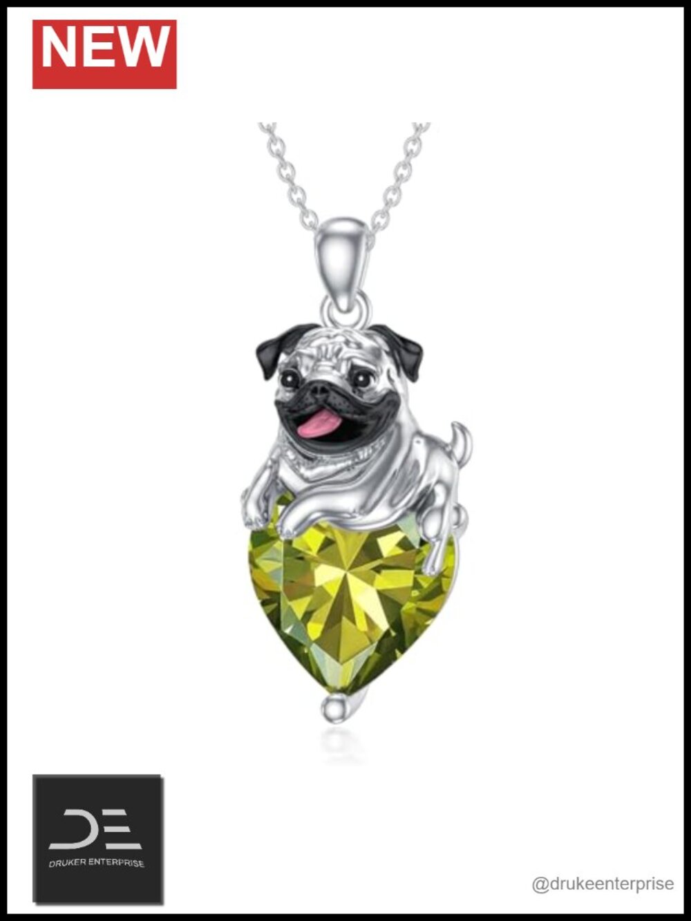 Pug Heart Birthstone Pendant Necklace 925 Sterling Silver